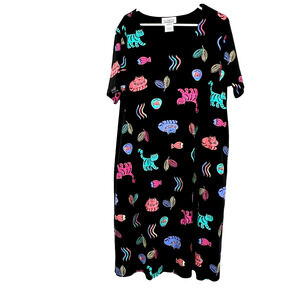 Vintage All American Comfort Black Cotton Blend Cat Fish Print Maxi Dress‎ Large